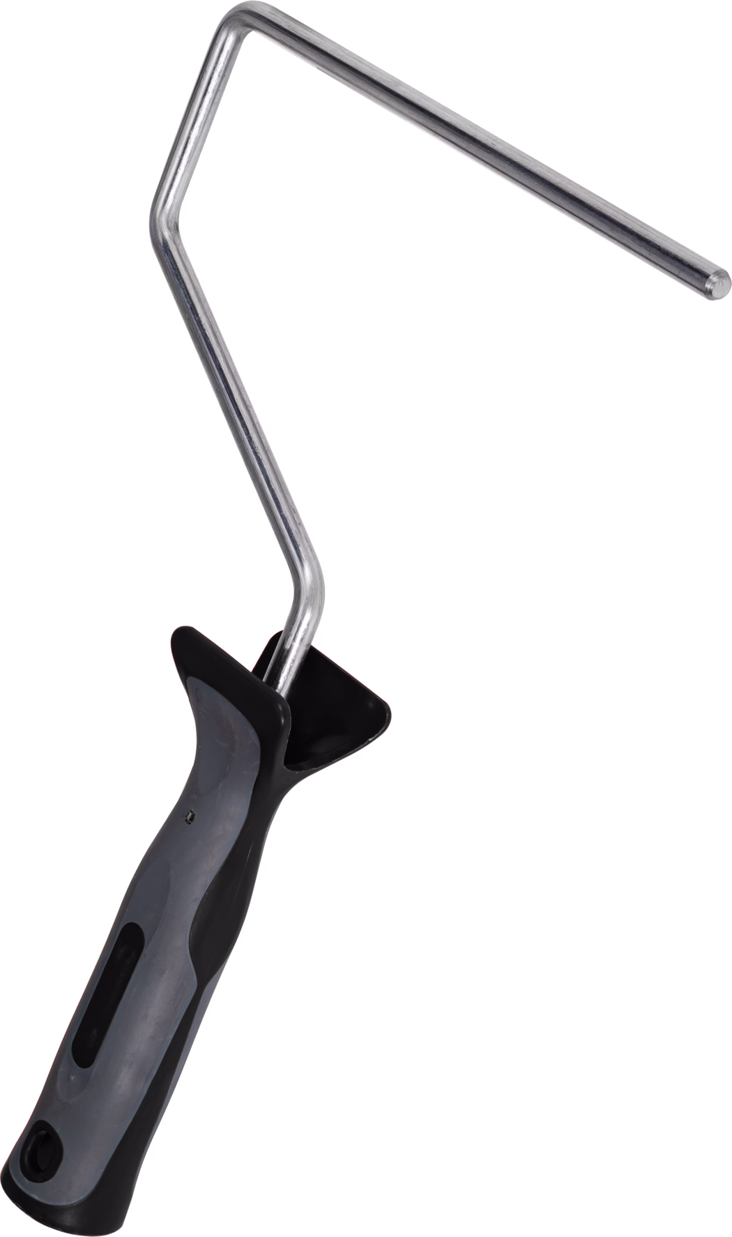 Metaal verfrolframe met ergonomisch zwart-grijs kunststof handvat en gebogen metalen staaf om een rolhoes te bevestigen, op witte achtergrond.