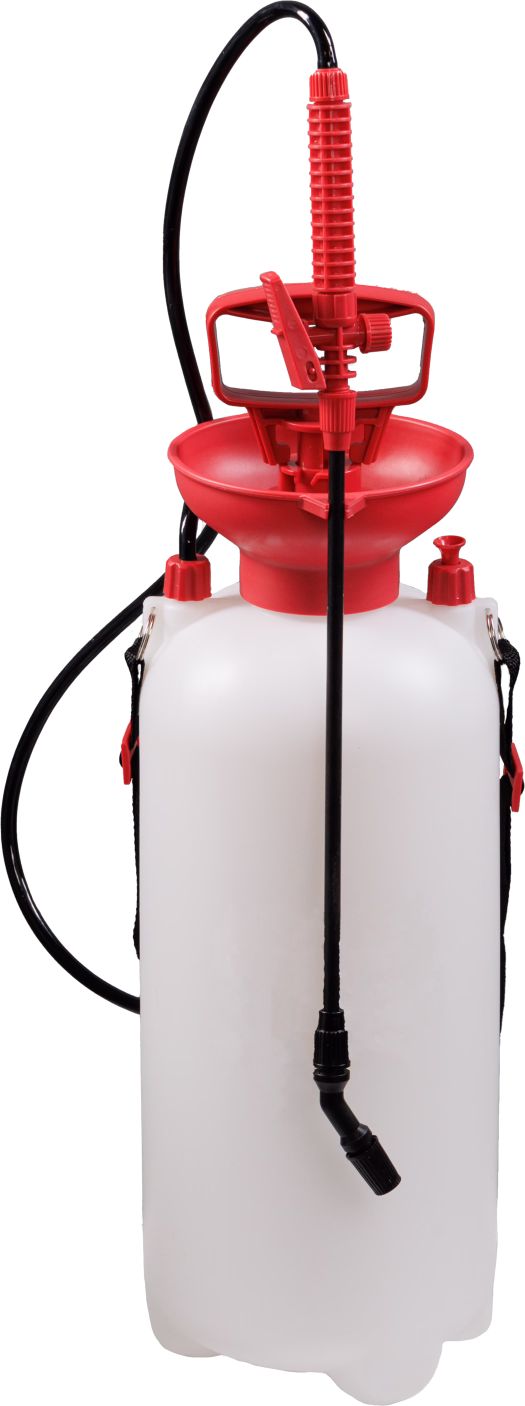 Een witte plastic drukspuit met een rode bovenkant en handvat. De spuit is uitgerust met een lange zwarte slang en een mondstuk aan het einde. Het heeft een trechtervormige opening aan de bovenkant voor vullen en een riem voor transport.
