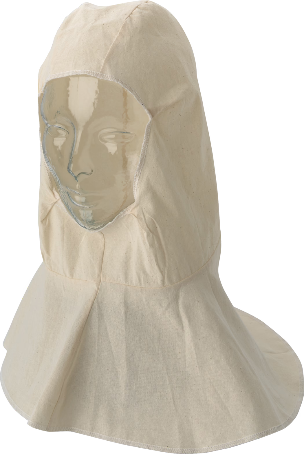 Pajarito_Dummy_Bonnet_055945_2021-02 Close-up van een crèmekleurige katoenen kap met een brede nekflap, gepresenteerd op een transparante etalagekop; de kap heeft een ovale gezichtopening met zichtbare overlocknaad, duidelijke naden en een natuurlijke stofstructuur met kleine vezelvlekjes, wat doet denken aan ongebleekt canvas of zwaar katoen in een eenvoudig, functioneel ontwerp.