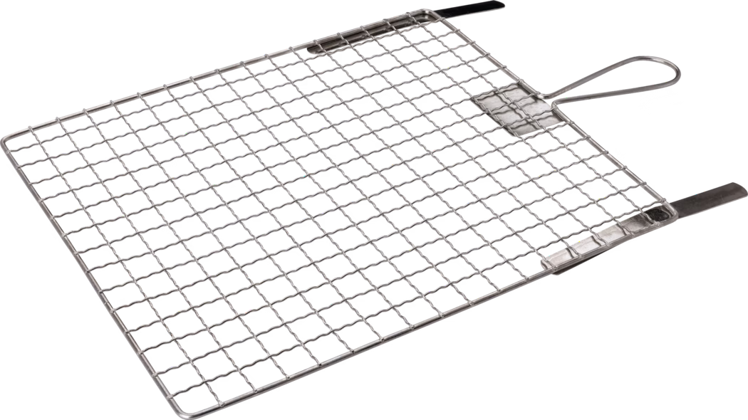 Pajarito_Dummy_Bucket grid_156565_016923_016925_2021-02 Rechthoekig roestvrijstalen grillrooster met een lusgreep en twee platte vergrendelingslipjes; fijn draadmateriaal met kleine vierkante openingen en licht golvende dwarsdraden, afgebeeld op een witte achtergrond.