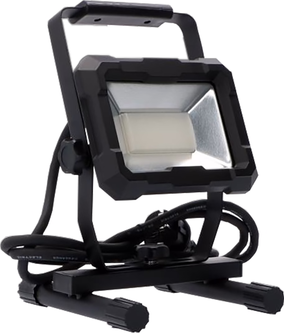 Pajarito_Dummy_LED Flood Light 30W_165419_2021-07 A compact black portable LED work light mounted on an adjustable metal frame and foldable stand. The rectangular lamp head features a rugged black plastic housing, a frosted central LED panel and a silver reflective inner surface. The light is fixed to a U-shaped bracket with wing screws that allow angle adjustment, and a coiled power cable is neatly placed around the base. The base consists of a flat rectangular platform supported by two tubular feet with textured end caps for stability. The overall design is functional and robust, suitable for job-site use, easy to transport and store.