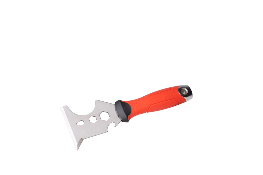 Pajarito_Dummy_Multifunctional spatula soft handle P-Line_178403_2024-02 Een multifunctioneel gereedschap ontworpen voor schrapen en snijden. Het heeft een roestvrijstalen mes met verschillende vormen erin gesneden, wat verschillende functionaliteiten mogelijk maakt. De handgreep is feloranje met geprofileerde grepen voor gemakkelijke bediening en controle. Dit gereedschap is ideaal voor taken die precisie en veelzijdigheid in materiaalbehandeling vereisen.