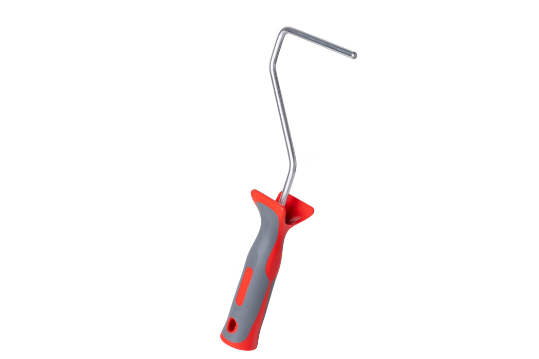 Pajarito_Dummy_Roller handle 2K handle 18 cm_168973_2024-02 Klein verfrollerframe met rood-grijs ergonomisch handvat en gebogen metalen stang voor het bevestigen van een mini-verfrol, weergegeven op een witte achtergrond.