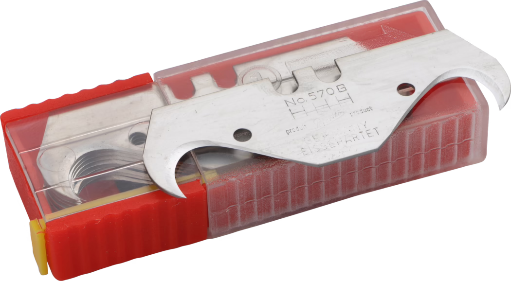 A small translucent red plastic storage case containing a stack of curved metal replacement blades. Two stainless-steel hooked blades rest on top of the case; one is stamped with the marking 'No.570' and faint manufacturer text. The blades feature crescent-shaped cutting hooks and round mounting holes. The case has a clear hinged lid, a ribbed red base and a small yellow sliding latch at one end. Metal surfaces show fine machining marks and light scratches. Studio-lit on a white background.