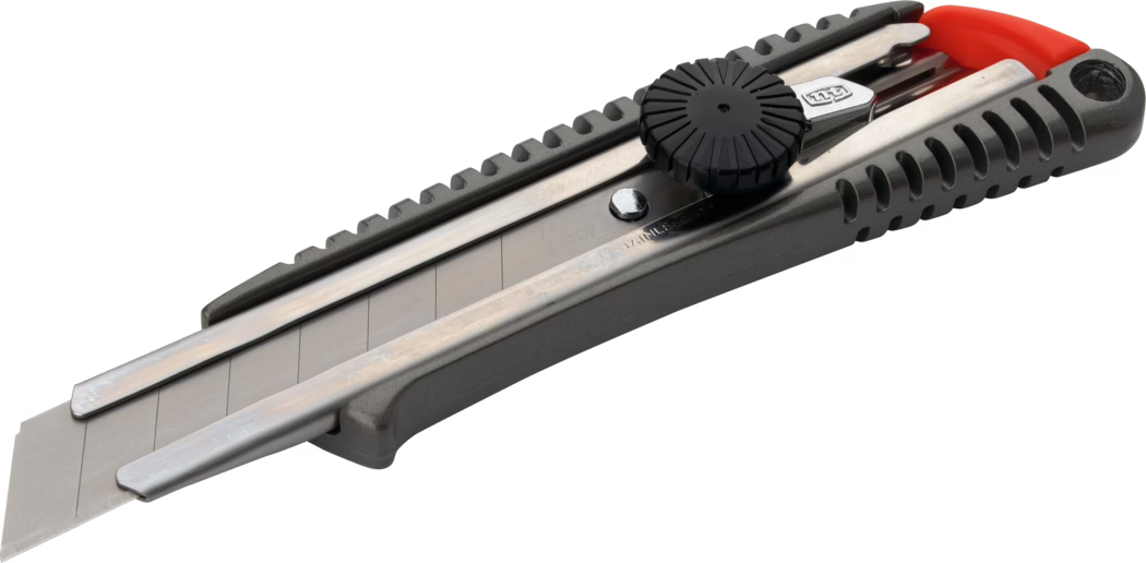 Close-up photo of a retractable utility knife (box cutter) with a segmented snap-off blade partially extended. The tool features a gray plastic body with ribbed grip sections, two parallel metal rails guiding the blade, a black circular locking wheel and a red plastic end cap. The stainless steel blade displays scored break lines for snapping off dull segments. Shot on a white background from a low oblique angle, high-resolution, showing texture and functional details suitable for product identification.