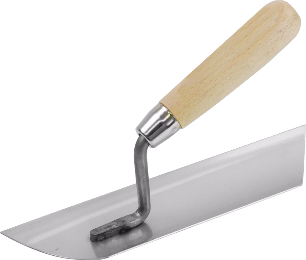 Pajarito_Dummy_Profile trowel slanted_014449_2021-03 Een rechthoekige afwerkspaan met een glad roestvrijstalen blad en een afgeronde houten greep, verbonden door een gebogen metalen steel; gebruikt om pleister, mortel of beton te egaliseren.