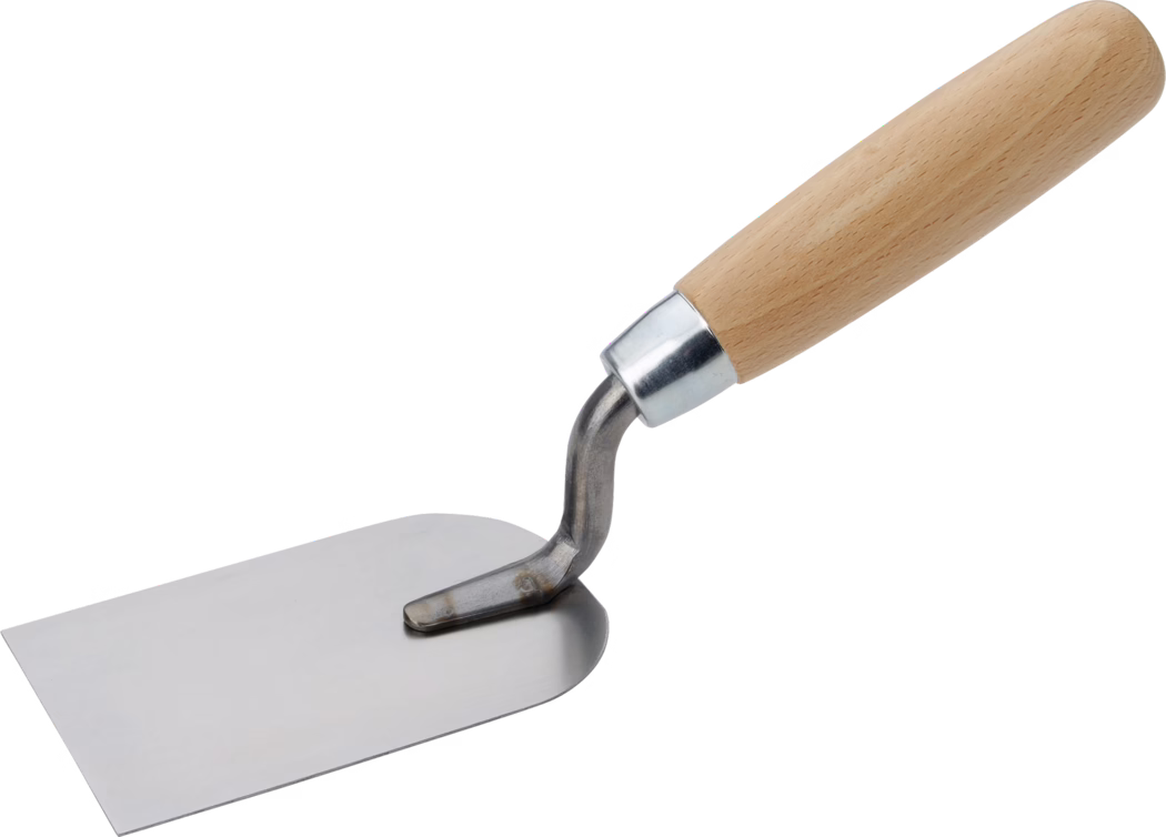 Pajarito_Dummy_Plasterer spatula Performance Line_059684_012958_089358_051949_089359_089360_065672_2021-02 Een tuinschep met een roestvrijstalen blad en een houten handvat, perfect voor graven en planten.
