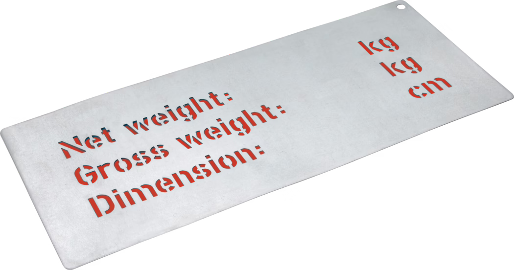 Rectangular metal stencil plate photographed at an oblique angle on a white background. The thin, light-gray metal sheet has several precise cut-out words in a bold stencil font: on the left side the lines read "Net weight:", "Gross weight:" and "Dimension:", and on the right side vertically arranged cut-outs show the units "kg", "kg" and "cm". Through the cut-outs a vivid red backing or surface shows, creating a high-contrast red text visible inside the letter shapes. A small round hole is punched near the top-right corner, suggesting the plate can be hung or attached. The metal surface shows a subtle brushed texture and light wear, giving an industrial, utilitarian appearance; shadows along the cut edges and the perspective view emphasize the plate’s flatness and thinness. The overall composition clearly communicates that this is a blank or reusable packaging label or stencil for indicating net/gross weight and dimensions.
