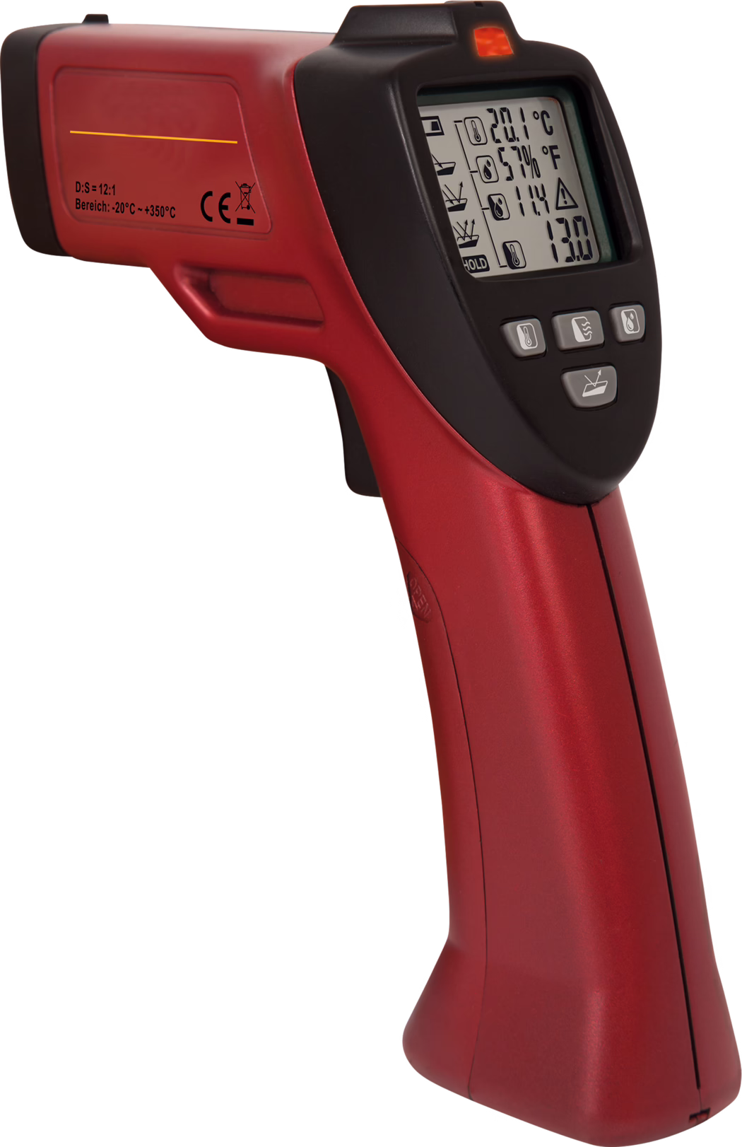 Handheld infrared (IR) thermometer in a red pistol-shaped housing with a matte metallic finish, ergonomic curved handle and a black plastic head surrounding the display. The large monochrome LCD shows temperature readings, icons for mode, battery and measurement units, and numeric values; three grey rubberized function buttons sit below the screen. A small red aiming LED is visible above the display and a trigger-style switch is integrated in the handle for non-contact temperature measurement; product labelling on the side indicates a measuring range from -20°C to +350°C and CE marking. The device appears designed for industrial and home use to quickly measure surface temperatures from a distance, with clear iconography and a compact, portable form factor.