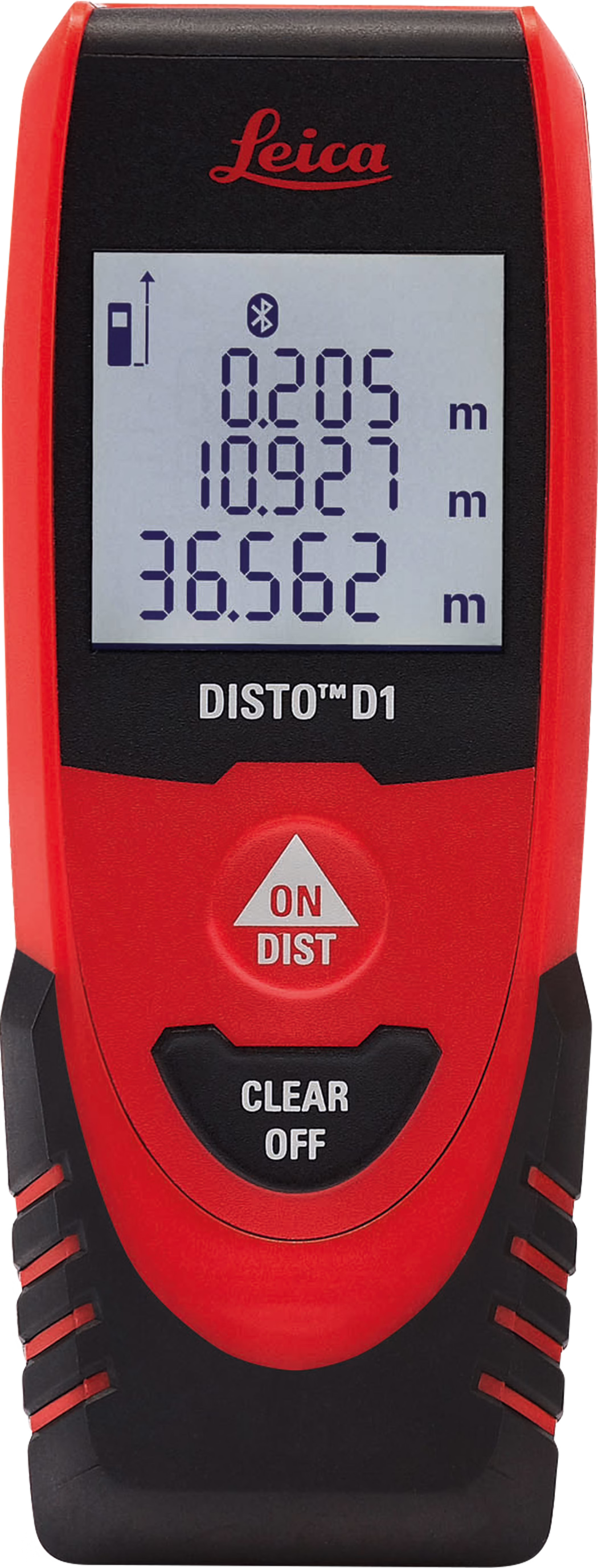 Rode en zwarte Leica DISTO D1 laserafstandsmeter met digitaal scherm dat afstanden in meters toont, 'Leica'-logo bovenaan, drie blauwe cijfers op het scherm, driehoekige 'ON/DIST'-knop en 'CLEAR/OFF'-knop eronder.