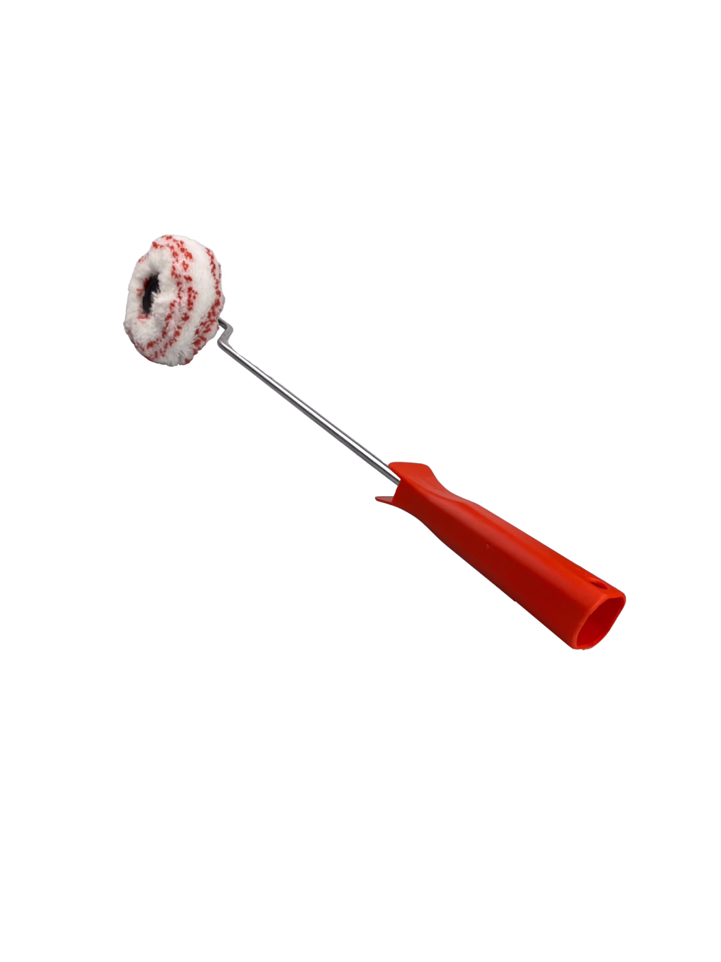 Pajarito_Dummy_Corner roller Performance Line_168972_2022-02 Kleine verfroller met een rood kunststof handvat, een dun metalen asje en een compact cilindrisch rolletje. De roller is gemaakt van wit, pluizig materiaal met dunne rode strepen en is geschikt voor gladde tot licht gestructureerde oppervlakken en voor smalle randen. Het gereedschap lijkt licht en ergonomisch voor eenhandig gebruik; de rolhoes is afneembaar en kan gewassen of vervangen worden. Witte achtergrond benadrukt kleur, vorm en textuur.