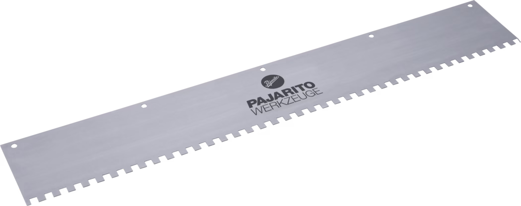 A long rectangular metal notched trowel blade photographed on a clean white background. The steel blade has a smooth, pale blue-gray finish and a row of evenly spaced square notches along one long edge. A black circular logo and the printed brand name PAJARITO WERKZEUGE appear near the center. Three small round mounting holes are punched along the opposite top edge for attachment. The blade is shown diagonally with soft, natural shadowing; the image emphasizes the uniform notches used for applying adhesives or mortar evenly when installing tiles or flooring.