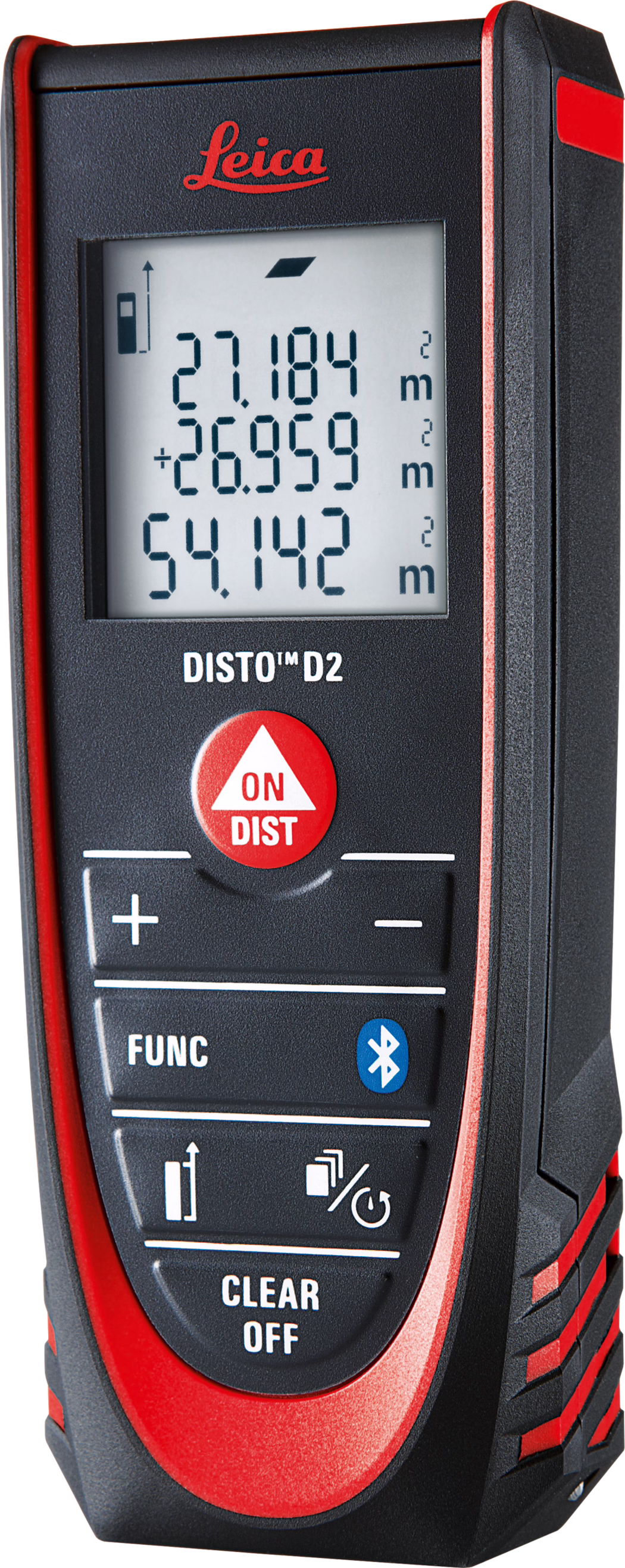 Pajarito_Dummy_Leica Disto D2_021122_2021-02 Handzaam Leica DISTO D2 laserafstandsmeter met zwart-rood, rubberachtig behuizing. Groot verlicht LCD toont nauwkeurige meetwaarden (27,184; +26,959; totaal 54,142 m) met eenheden en pictogrammen voor modi en batterij. Opvallende ronde rode ON/DIST-knop, plus/min-knoppen, FUNC- en CLEAR/OFF-knoppen en een Bluetooth-symbool. Compact ergonomisch ontwerp met gestructureerde gripvlakken en Leica-logo; ideaal voor snelle, nauwkeurige afstands-, oppervlakte- en optelsmetingen bij bouw- en interieurwerk.