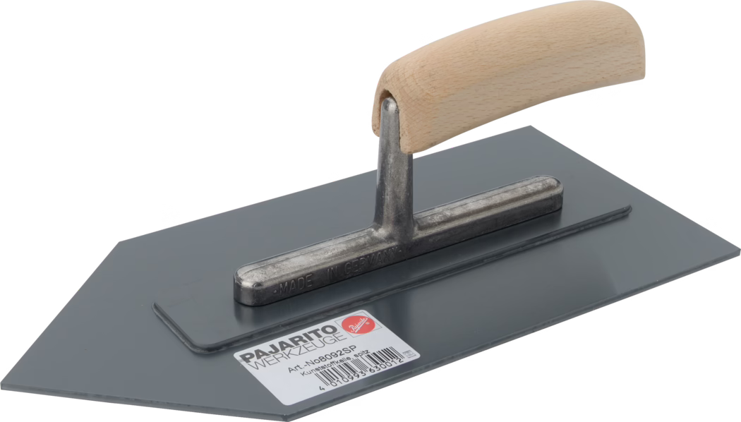 A pointed plastering trowel photographed on a white background. The tool features a flat steel blade with a smooth gray protective coating and a beveled pointed nose for reaching corners. A short vertical metal shank connects the blade to a gently curved light-wood handle with visible grain, and the metal shank is stamped "MADE IN GERMANY." A white product label on the blade reads "PAJARITO WERKZEUGE" with an article number and a barcode. This trowel is intended for spreading and smoothing plaster, mortar or tile adhesive, with the pointed tip useful for detailed work and edges.