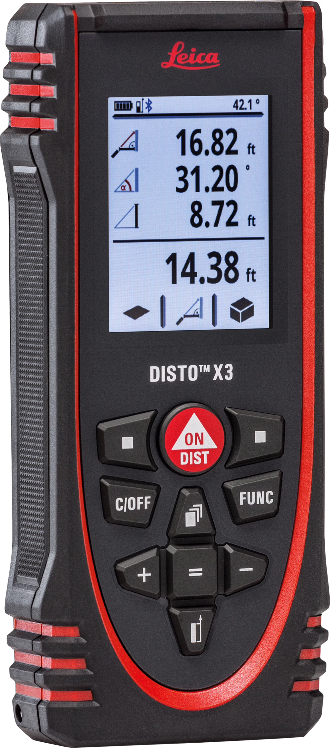 Close-up van een draagbare Leica DISTO X3 laserafstandsmeter. Het zwart-rode apparaat toont een helder lcd-scherm met duidelijke numerieke waarden (16,82 ft, 31,20°, 8,72 ft en totaal 14,38 ft), pictogrammen voor batterij en Bluetooth en meetmodus-symbolen. Onder het scherm zit een ronde rode ON/DIST-knop, meerdere functietoetsen en navigatietoetsen en het opschrift DISTO™ X3. De behuizing combineert rubberen grepen met rode metalen accenten voor een robuuste, mobiele look.